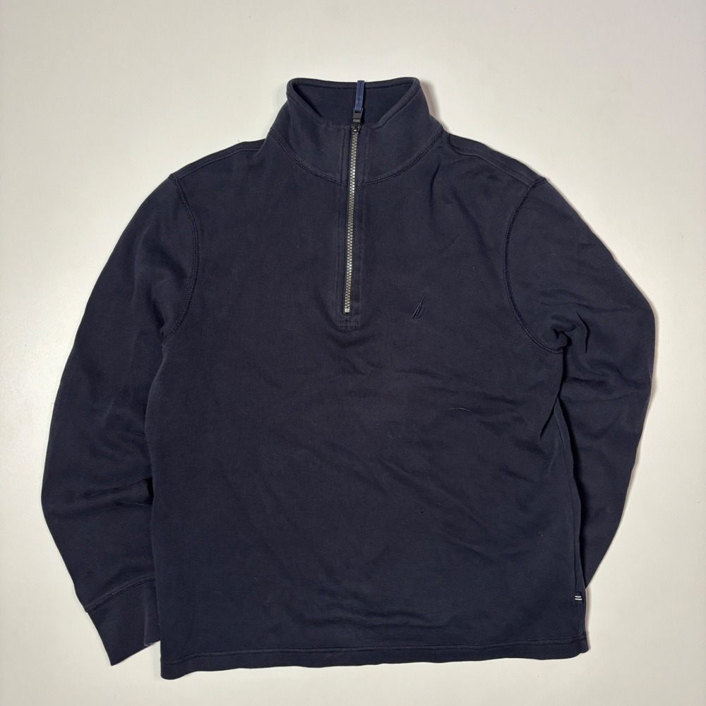 Nautica Mens Quarter Zip Pullover Sweater Navy Blue Ribbed Mock Neck Small